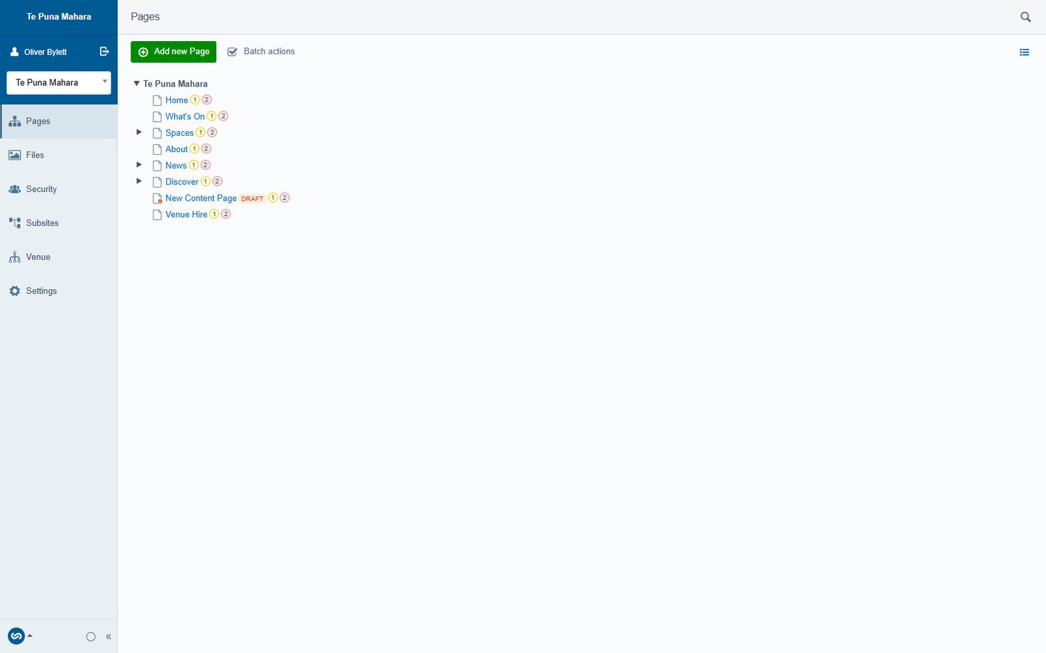 The Pages screen showing the Te Puna Mahara page tree in the CMS