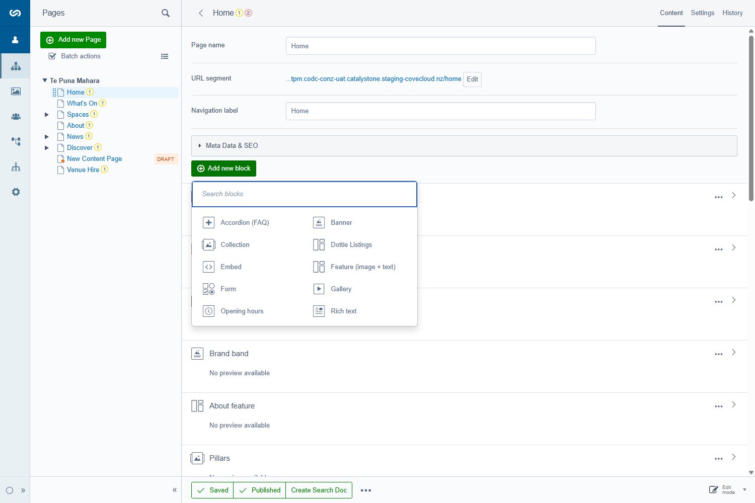 The Add new block picker showing all ten block types