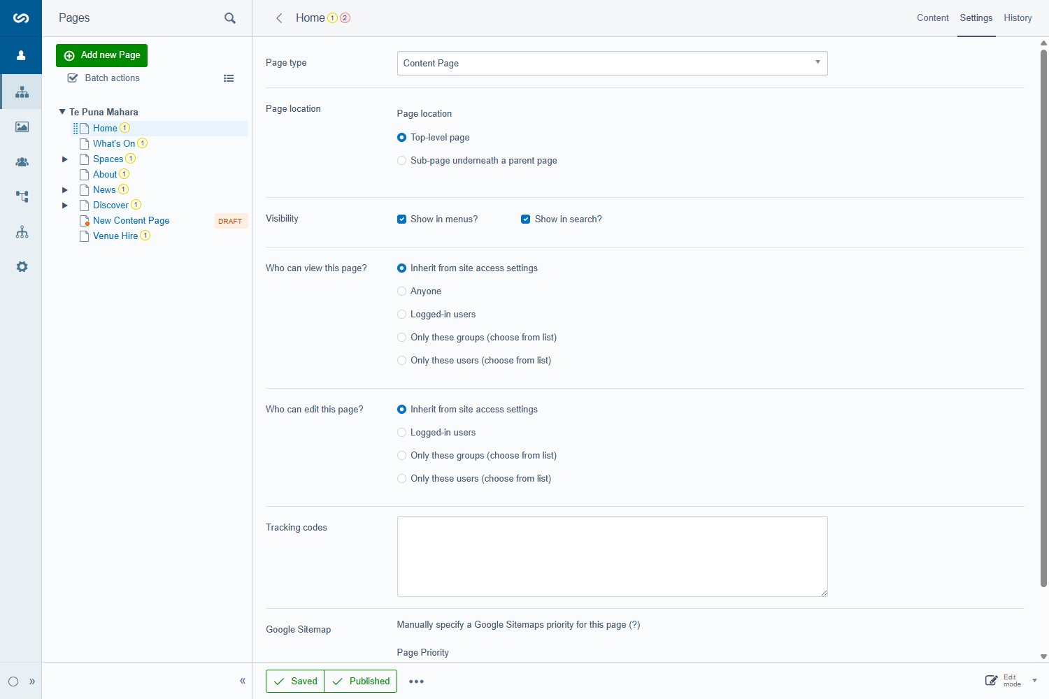 The Settings tab of a page in the CMS