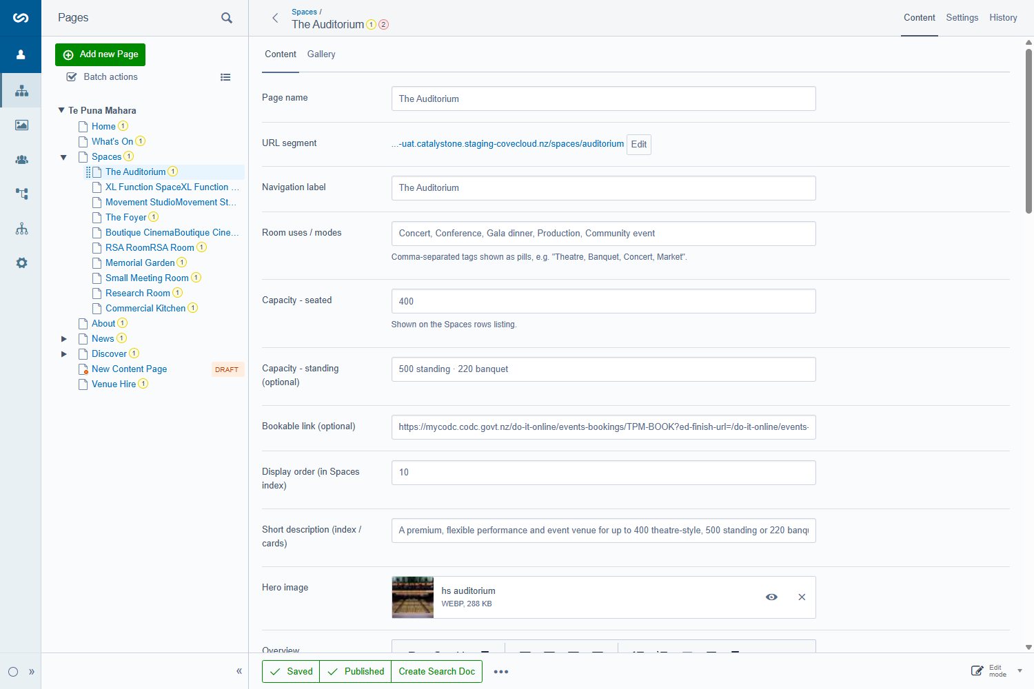 A space page open in the CMS