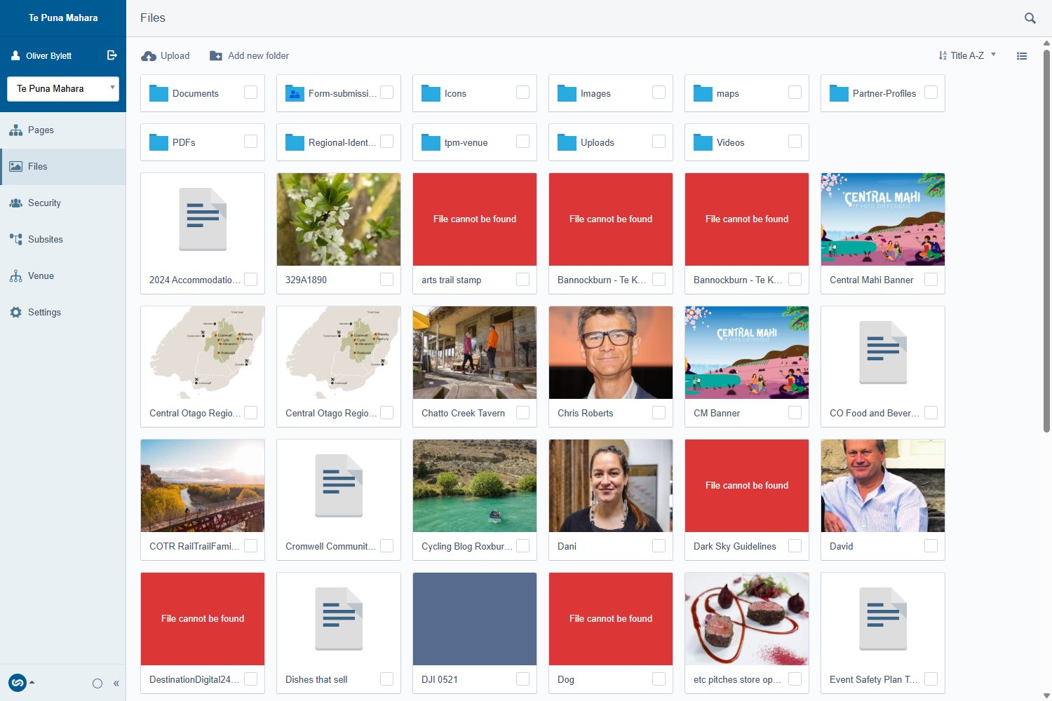 The Files area of the CMS showing folders and thumbnails