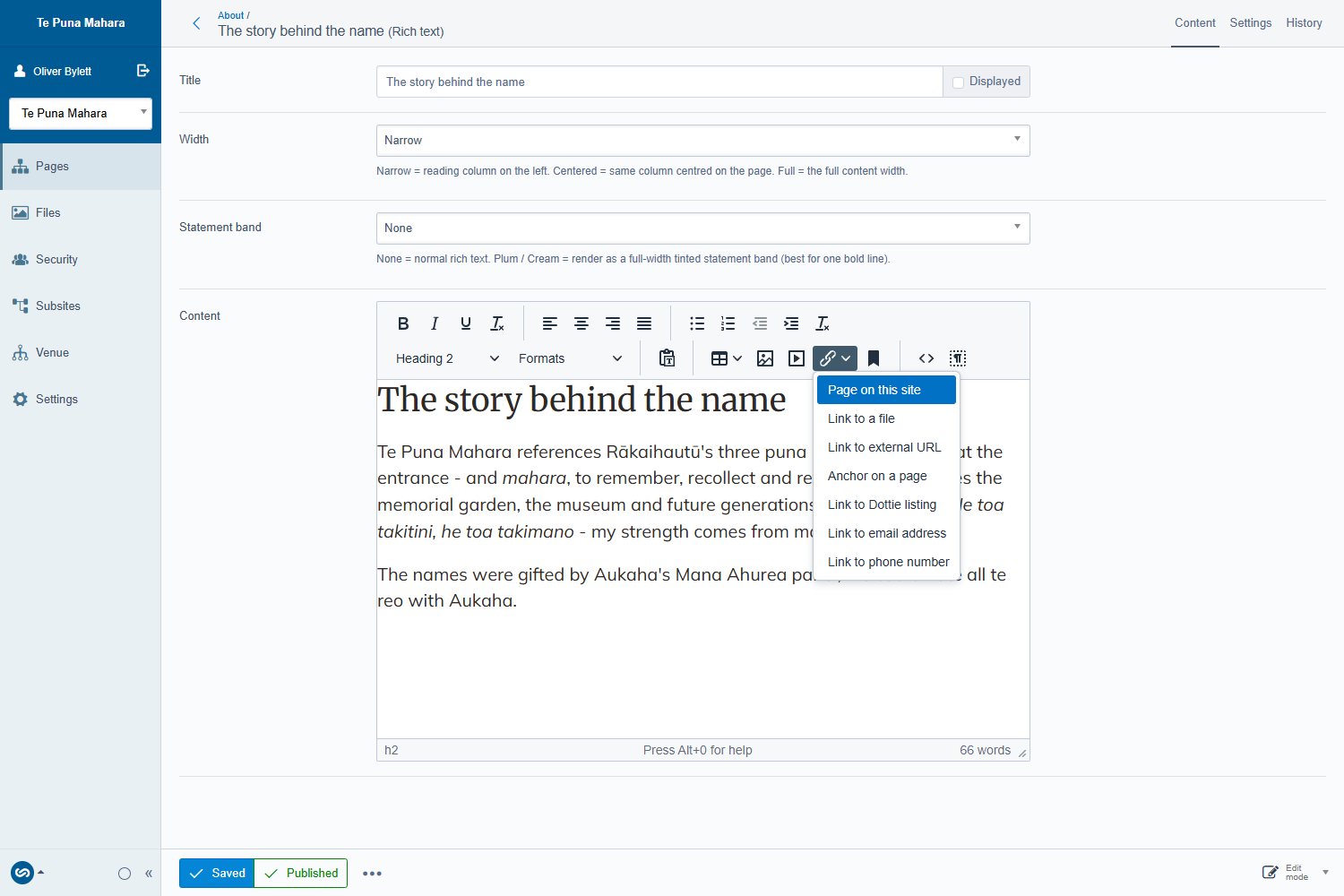 The insert link dialog in the CMS editor