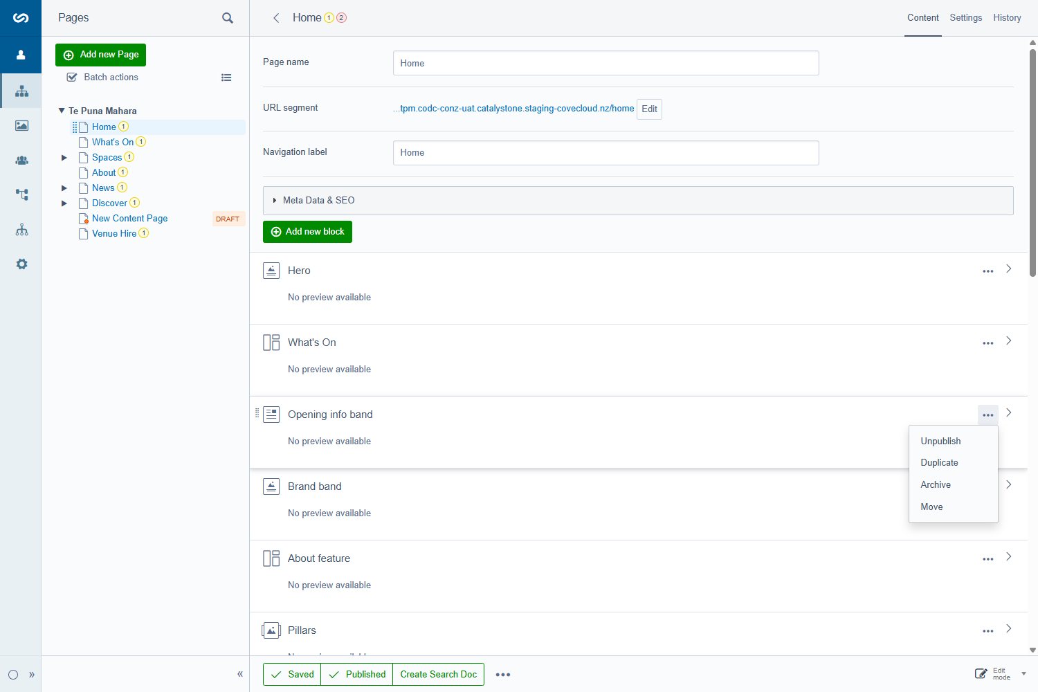 A page in the CMS showing its list of blocks with the block actions menu open