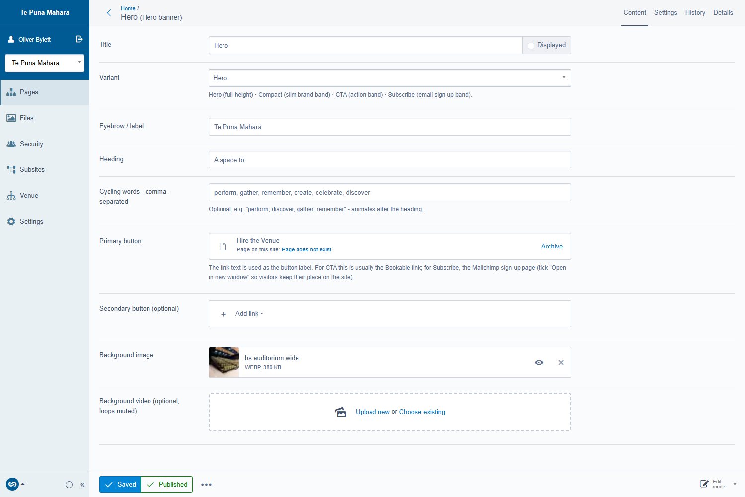 The Banner block edit form in the CMS