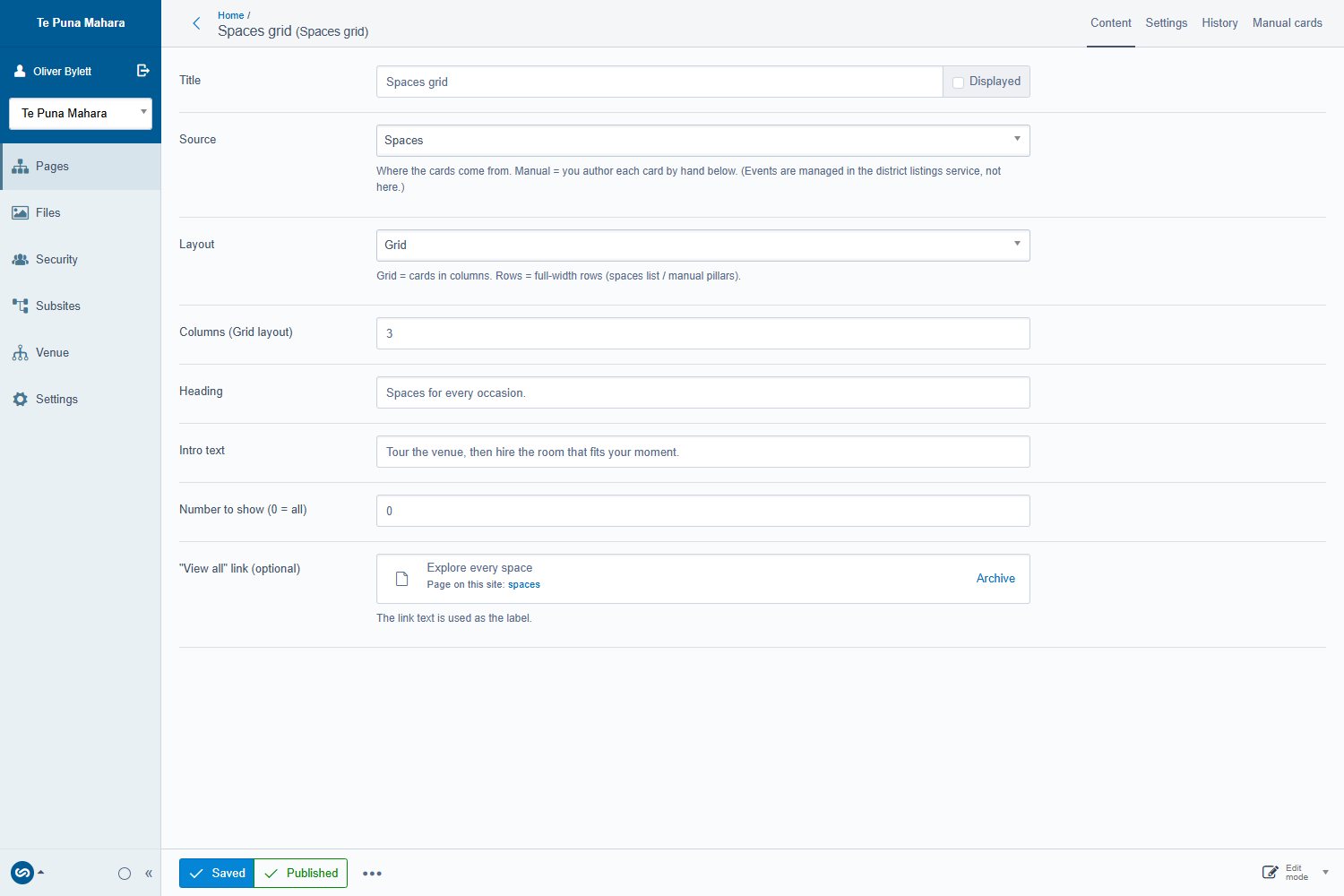 The Collection block edit form set to Spaces