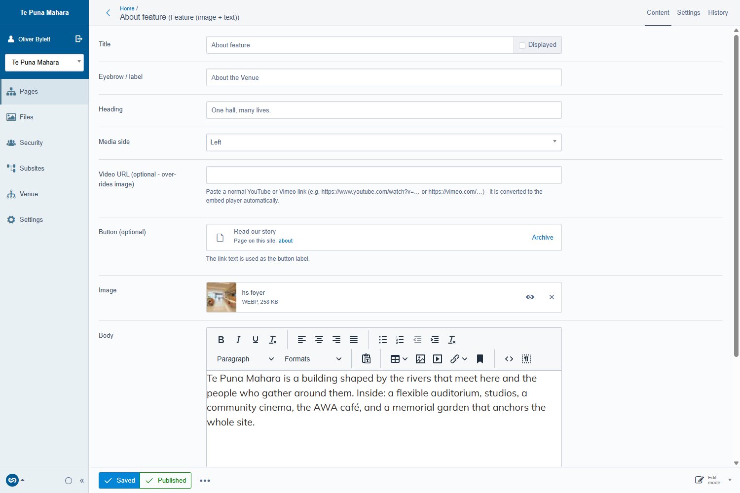 The Feature block edit form