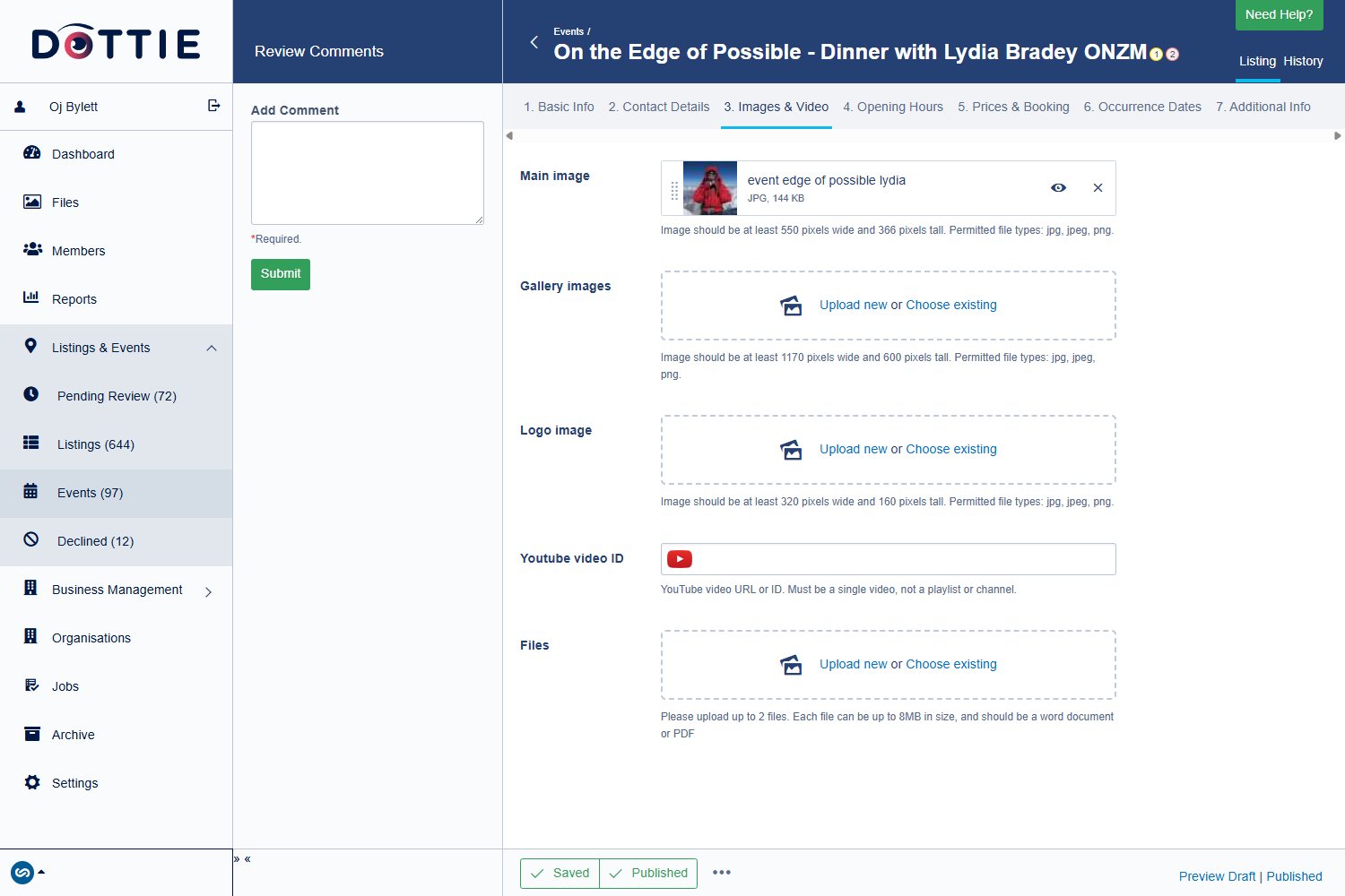 The Images and Video tab of an event in Dottie