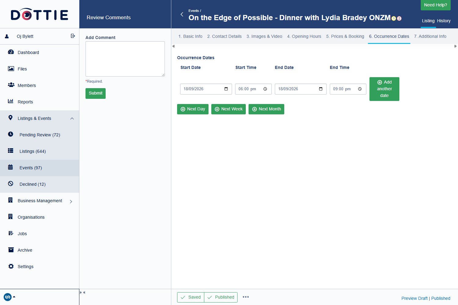 The Occurrence Dates tab of an event in Dottie