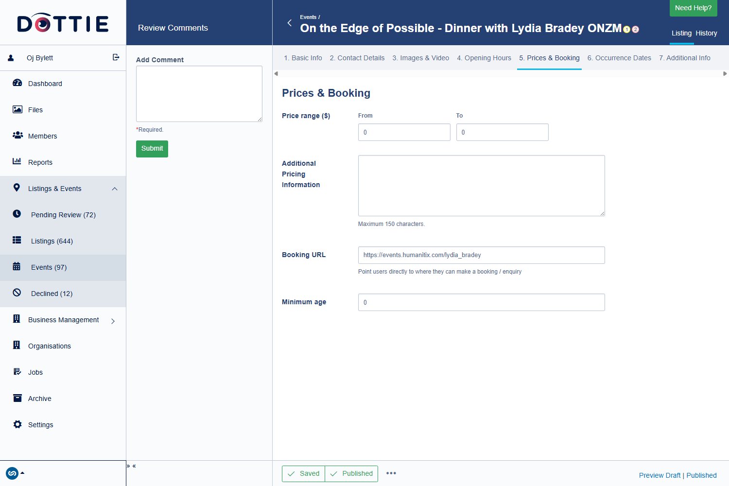 The Prices and Booking tab of an event in Dottie