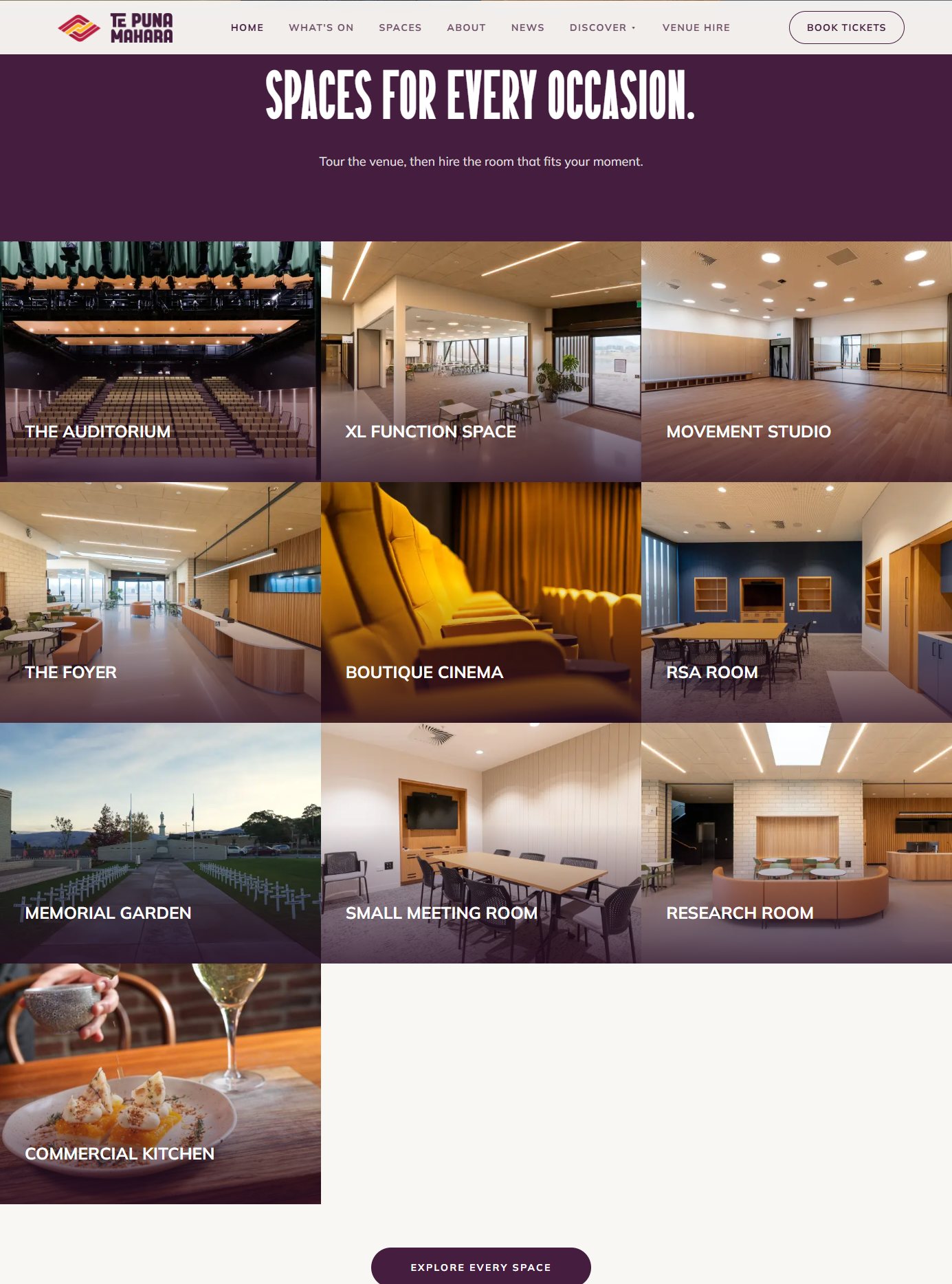 The spaces grid on the live site