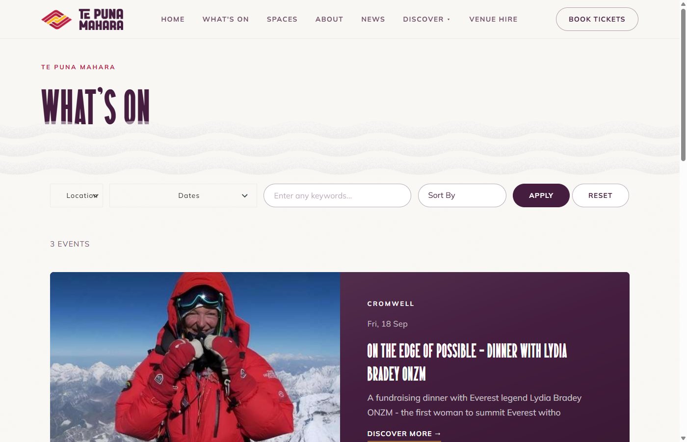 The What's On page on the live site
